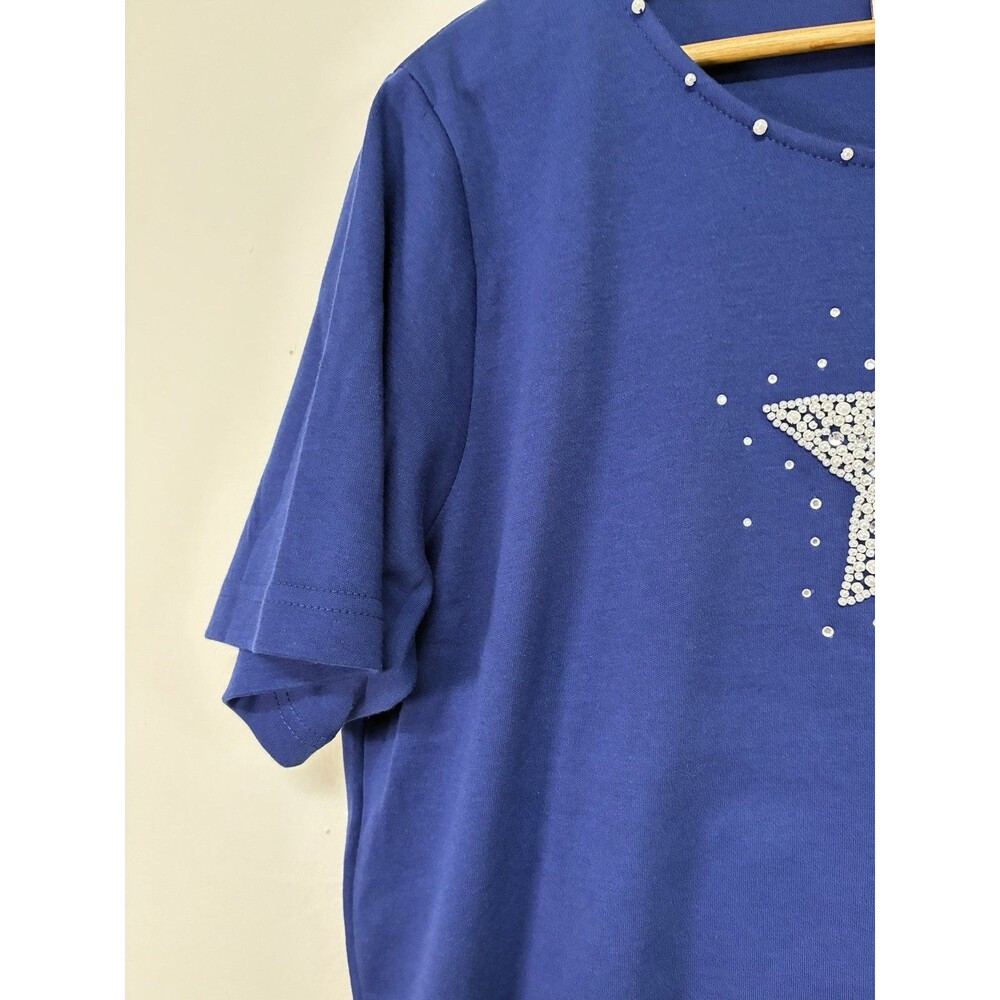 Quacker Factory T Shirt Size Large Blue Star Rhinestones Short Sleeve - Picture 3 of 12